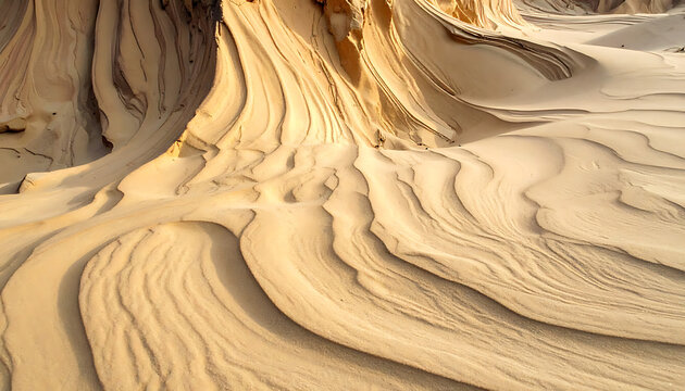 Close-up view of wind-sculpted sand dunes with textured layers and curves, desert landscape, natural abstract pattern
