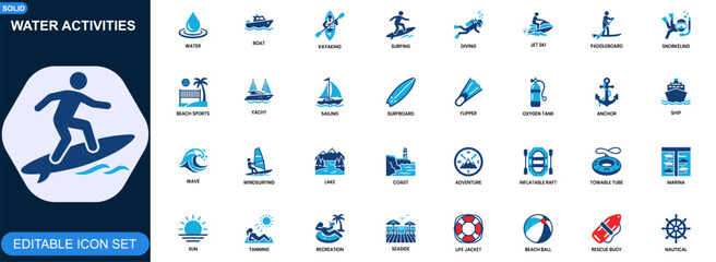 Water activities icon set. Sailing, kayaking, surfing, diving, jet ski, paddleboard, snorkeling, beach sports. Editable icons collection. Vector. © JIm Studio
