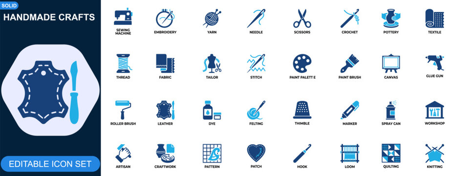 Handmade crafts icon set vector. Sewing machine, embroidery, yarn, needle, scissors, crochet, pottery, textile, paint tools. Editable icons collection. Vector.