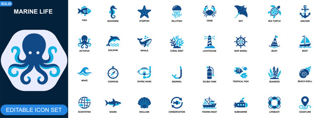 Marine life and ocean wildlife icon set. Sea creatures, fish, coral reef, seahorse, starfish, jellyfish, nautical, diving, ecology. Editable icons collection. Vector. © JIm Studio
