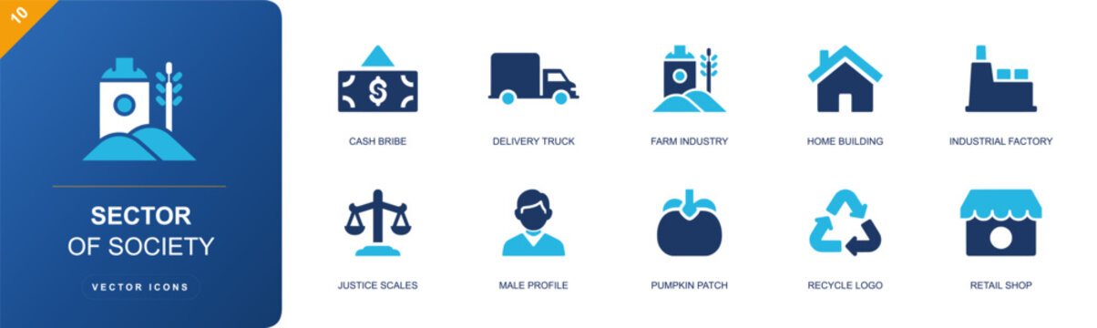 Sector of society icon set. Containing cash bribe, delivery truck, farm industry, home building, factory, justice scale, profile, recycle logo, retail shop and more. Solid fill vector icons.