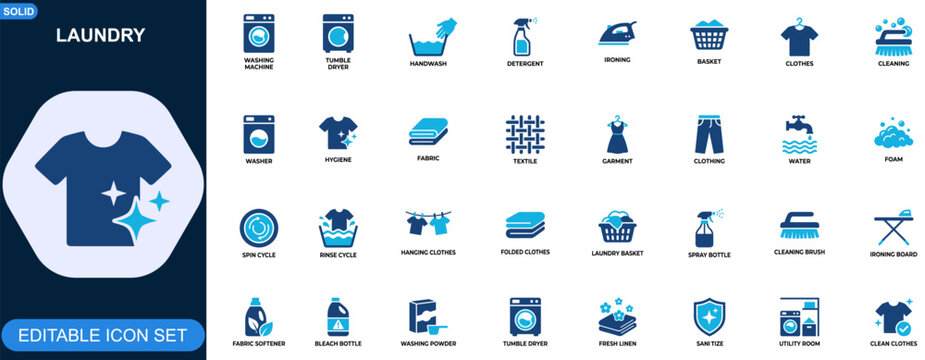 Laundry and clothes care icon set for household washing equipment and fabric maintenance. Washing machine, dryer, detergent, ironing, basket, hygiene, water. Editable icons collection. Vector.