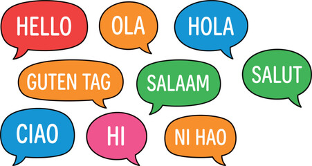 Speech bubble vector set with hello greetings in different foreign languages isolated on transparent checkered background © Honey!
