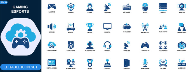 Gaming and esports icon set. Online gaming, esports, gamepad, console, headset, controller, streaming, VR gear. Editable icons collection. Vector. © JIm Studio