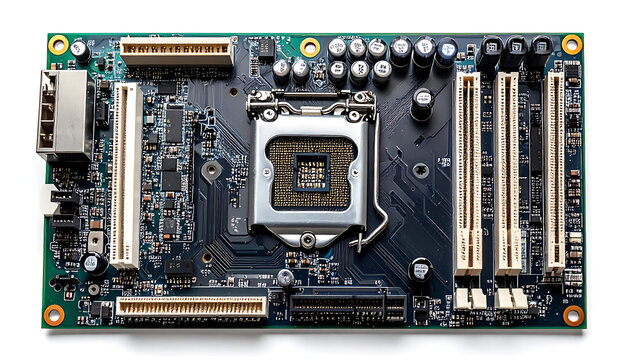 Computer motherboard with CPU socket, RAM slots, and expansion ports on a white background, technology and electronics