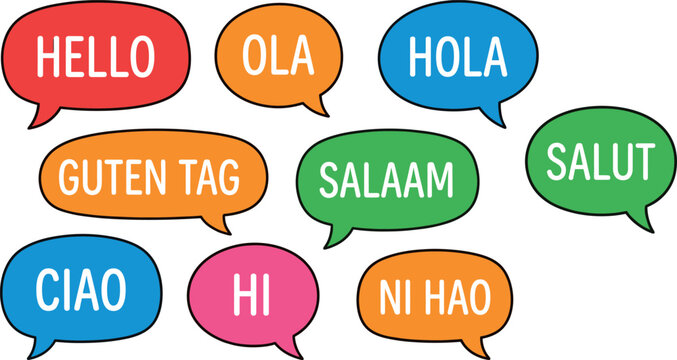 Speech bubble vector set with hello greetings in different foreign languages isolated on transparent checkered background