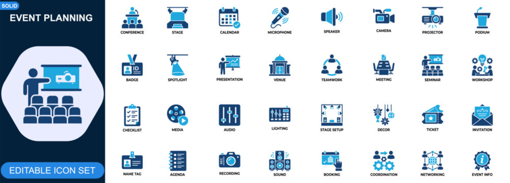 Event planning icon set for conferences and corporate presentations. Calendar scheduling, stage setup, audio equipment, media production, registration badge. Editable icons collection. Vector.