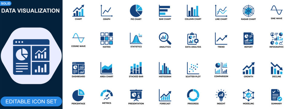 Data visualization and analytics chart icon set. Graph, pie chart, bar chart, column chart, radar, sine, cosine, matrix, statistics, reporting. Editable icons collection. Vector.