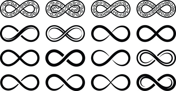 Infinity symbol icon set, black and white endless loop designs, minimalist abstract shapes, vector illustration