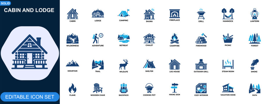 Cabin and Lodge Outdoor Retreat Icon Set. Sauna, camping, fireplace, barbecue, hammock, lantern, wilderness adventure, rustic travel. Editable icons collection. Vector.