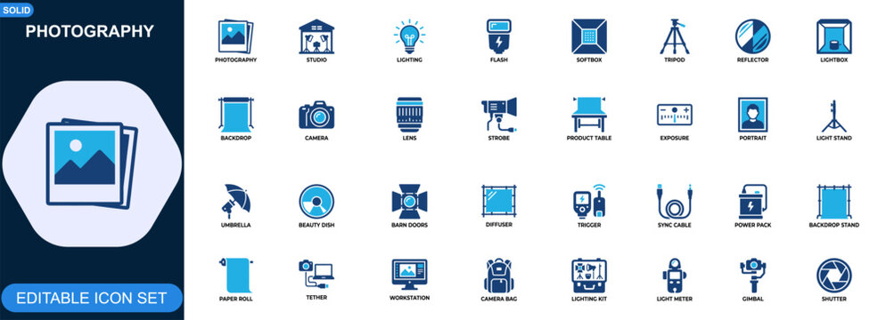 Photography studio lighting icon set. Softbox, flash, tripod, reflector, lightbox, backdrop, product table, camera gear. Editable icons collection. Vector.
