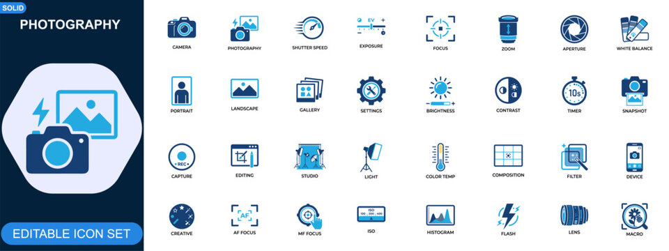Photography camera settings icon set. Shutter speed, exposure control, focus modes, zoom lens, white balance, portrait, landscape, media gallery, editing tools. Editable icons collection. Vector.