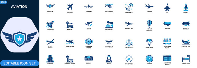 Aviation and aerospace transportation icon set. Airplane, aircraft, helicopter, private jet, airliner, rocket, spaceship, airship, airport, flight. Editable icons collection. Vector. © JIm Studio