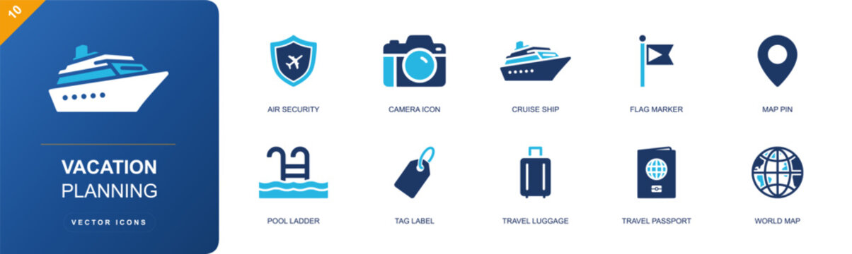 Vacation planning icon set. Containing air security, camera, cruise ship, flag marker, map pin, pool ladder, tag label, travel luggage, travel passport and more. Solid fill vector icons.