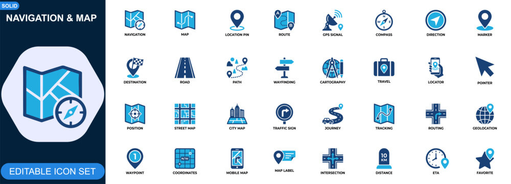 Navigation and map location icon set for digital wayfinding and travel interfaces. Map, route planning, GPS location, compass direction, pin marker, road navigation. Editable icons collection. Vector.