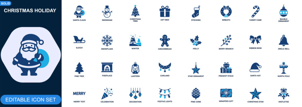 Christmas holiday icon set. Santa Claus, snowman, Christmas tree, gift box, wreath, stocking, candy cane, bauble ornament. Editable icons collection. Vector.