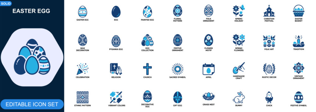Easter egg icon set with painted folk ornaments and floral patterns for spring holiday celebration and basket craft. Easter, eggs, spring, floral, festival. Editable icons collection. Vector.