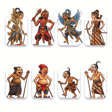 Indonesian traditional wayang kulit shadow puppets characters, featuring mythical figures and human characters in distinct costumes and poses, artfully depicted