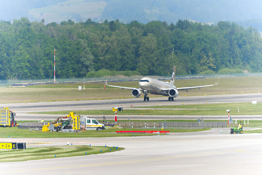 Etihad Airways airplane Airbus A321-251NX(LR) registration A6-LRF taking off from Swiss Z&uuml;rich Airport on a sunny spring day. Photo taken May 26th, 2026, Zurich Airport, Switzerland.