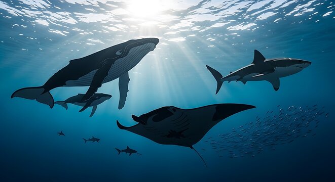 Whales and dolphins swimming underwater.