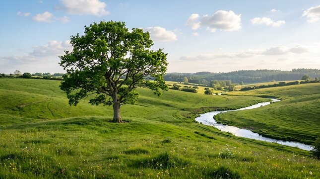 Lush green rolling hills with a solitary oak tree and winding stream under a blue sky.