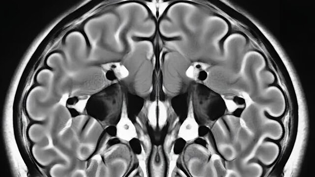 Closeup MRI Scan of Human Brain Coronal View Showing Detailed Anatomy.