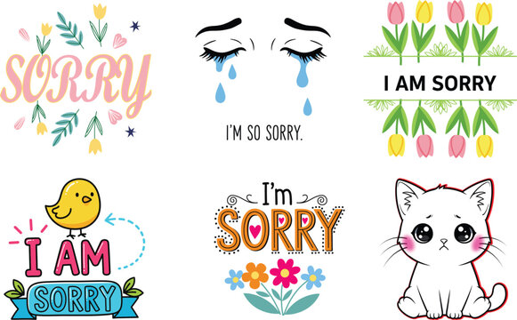 Set of Apology Graphics: A collection of charming illustrations featuring apologies, including tearful eyes, a sad cat, and cheerful text with floral accents, conveying feelings of regret and remorse.