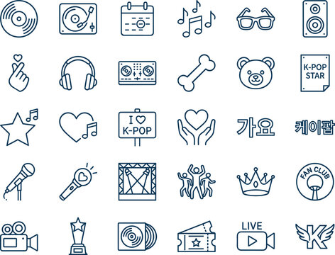 K-pop and Korean pop music line icon set with idols, fans, concerts, music symbols, media, awards, and fandom elements
