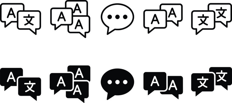 Language translation chat icons set, multilingual speech bubbles, communication symbols, localization messaging concept, black outline solid vector illustration