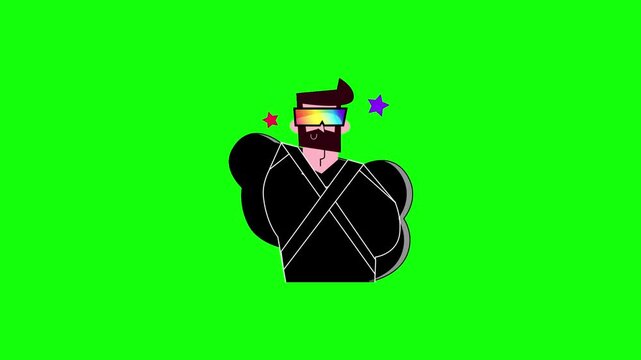 Stylized dancer with pompadour and holographic VR glasses, black harness with white crossing straps. Isolated on bright green screen, crisp vector animation, seamless loop.