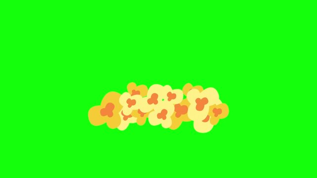 Fluffy popcorn cluster in buttery yellow and warm orange hues gently bouncing and jiggling. Isolated on vivid green screen, seamless looping animation, crisp flat vector style.