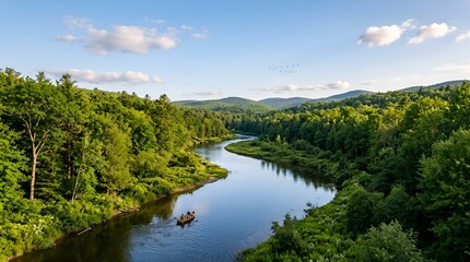 Fototapeta premium Serene River Journey Through Lush Green Forest Landscape with Canoeists