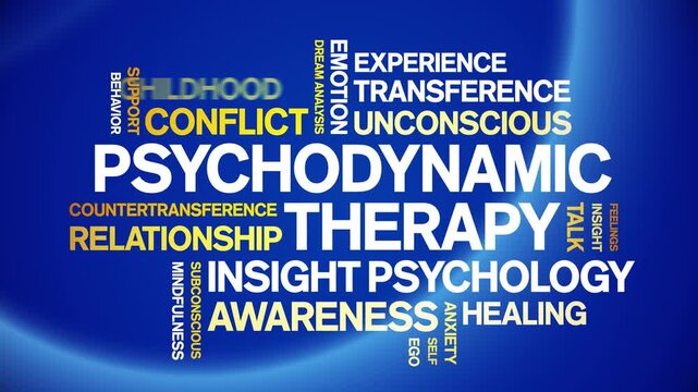 Psychodynamic Therapy animated word cloud-text design animation tag kinetic typography seamless loop.