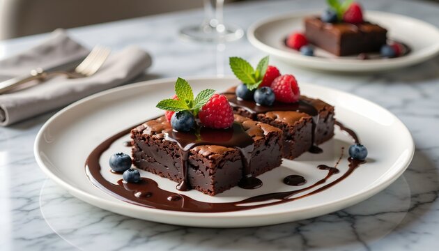Plated chocolate brownies with berries and glossy sauce in elegant gourmet presentation