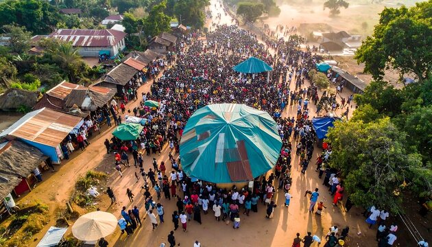 Aerial view of a large crowd gathered