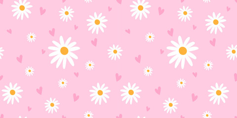 Bg summer nature background with cute pattern gingham and seamless daisy kawaii flower doodle. This stock illustration features a light textile design in simple girly style for child or kid. © alia.kurianova