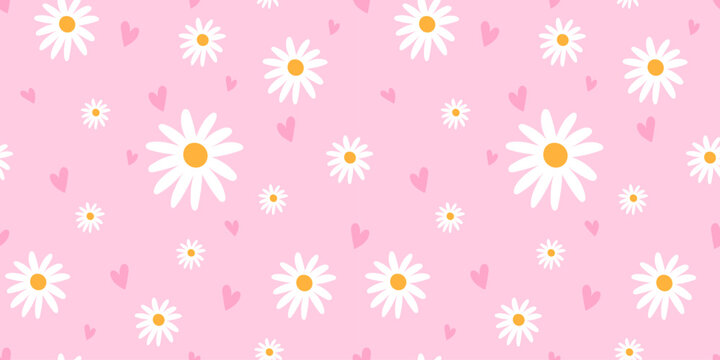Bg summer nature background with cute pattern gingham and seamless daisy kawaii flower doodle. This stock illustration features a light textile design in simple girly style for child or kid.