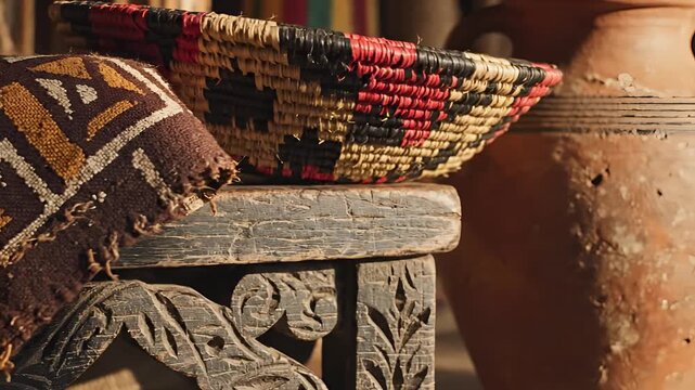 Closeup of African tribal textile and pottery on carved wooden stool.