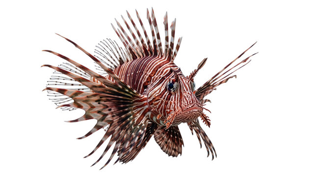 Lionfish with distinctive striped pattern and extended fins isolated on transparent background pteroes red tropical fish marine life oceanic creature