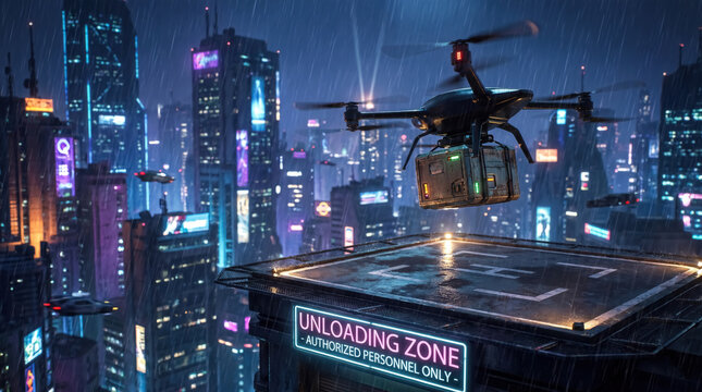 Cargo drone descending to rooftop landing pad in rainy cyberpunk city