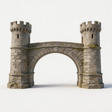 A 3D rendered medieval stone castle gate featuring two cylindrical watchtowers connected by a stone arch bridge, with crenellated parapets and small defensive windows.