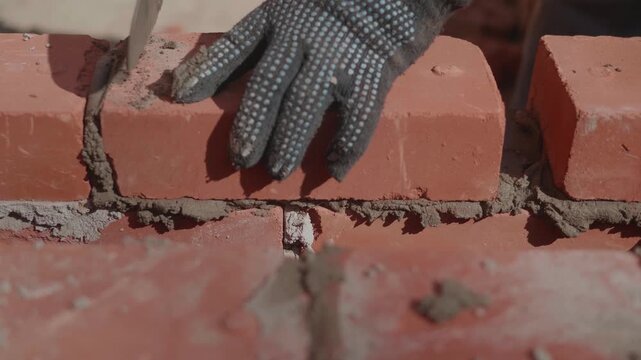 Close-up of a construction worker gloved hands, laying red bricks with wet cement. Professional bricklayer at the construction site.