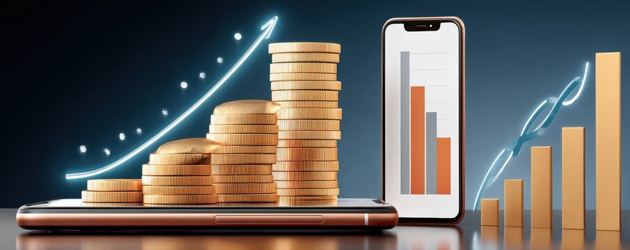 Smartphone financial growth concept with stacked coins, charts and rising arrow representing business investment