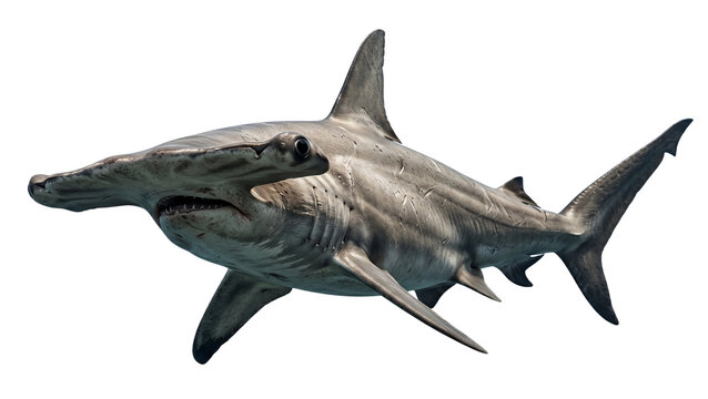 Great hammerhead shark swimming in dark water detailed scales and fins on transparent background sharks elasmobranch oceanic marine life sea