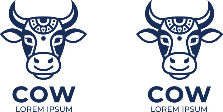 Ethnic cow head logo template set with tribal pattern ornaments bull face outline icons isolated on white background flat vector illustration