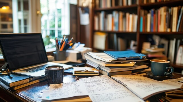 A cluttered wooden desk with a laptop, coffee mugs, and a stack of papers and books.