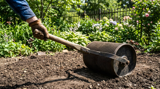 Gardener Using Manual Mesh Lawn Roller on Soil Bed | Backyard Lawn Installation and Soil Compaction Service | Worker in Leather Glove Flattening Garden Dirt Ground | Professional Landscaping and Turf 
