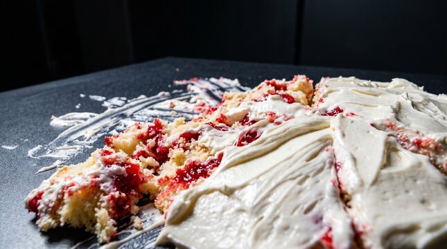 Smeared white frosting on smashed red afterparty cake