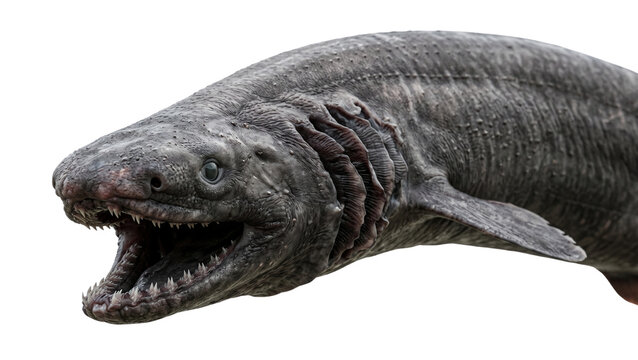 Detailed frilled shark head with open mouth and visible teeth on transparent background chimaera fish marine life oceanic predator sea