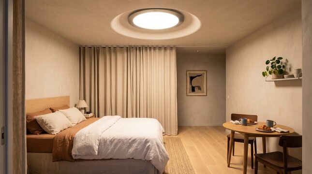 Artificial sunrise transforms a windowless apartment bedroom